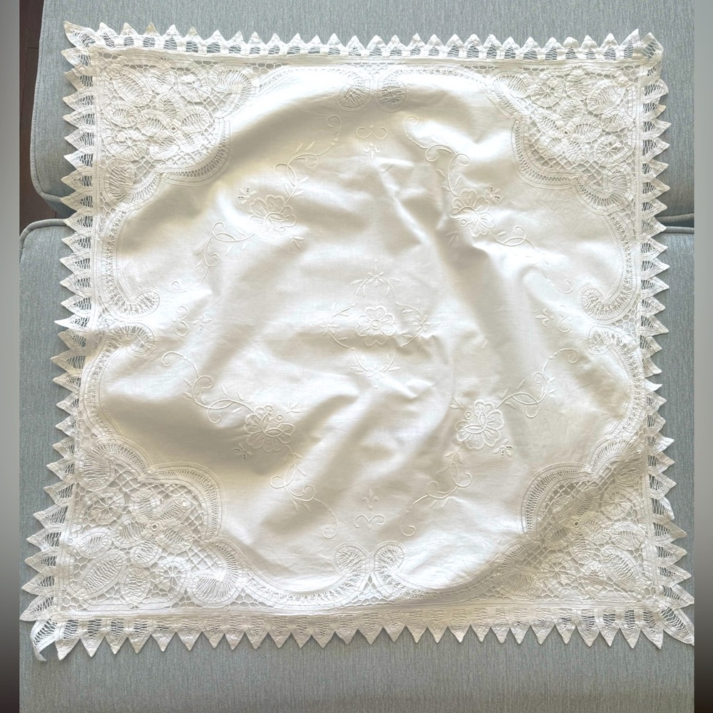 Vintage White Cotton Battenberg (Valentina) Lace Euro Sham w/ Floral Embroidery